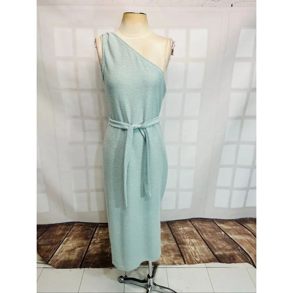 Sugar Lips Mint Green Ribbed One Shoulder Side Slit Maxi Dress Size Large